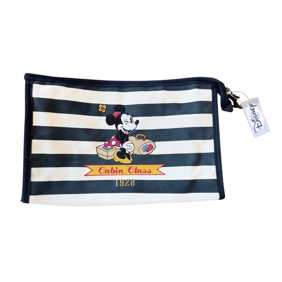 Disney Handbags - Disney Store Cabin Class Minnie Mouse 1928 Striped Cosmetic Bag Navy White NWT